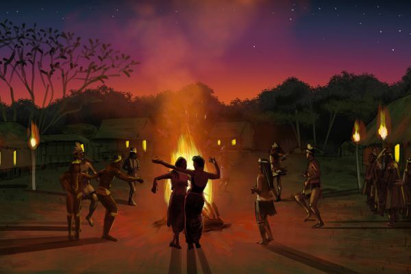 Dancing around the bonfire, Illustrated by ASB Storyboard Artist, Alex H., Style: Color storyboard frame, 2D Art for Animatic or Storyboard frames