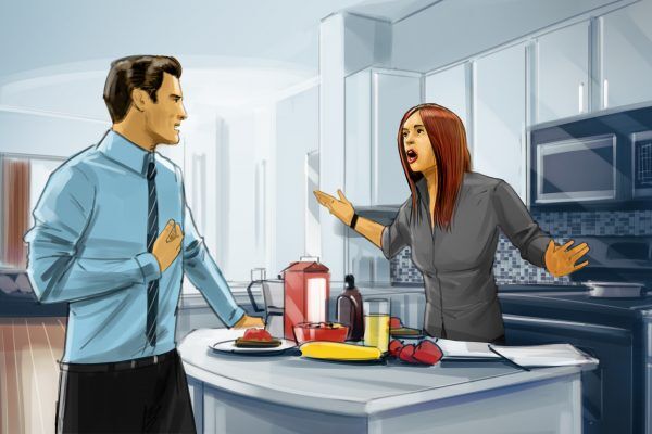 Arguing in the kitchen, Illustrated by ASB Storyboard Artist, Alex H., Style: Color storyboard frame, 2D Art for Animatic or Storyboard frames