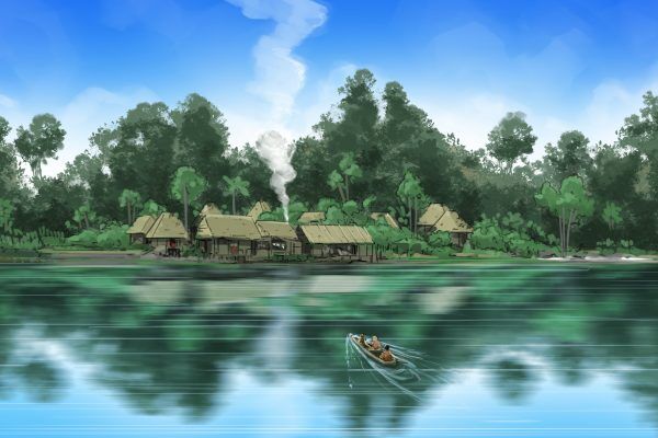 Boat outdoors, lake, Illustrated by ASB Storyboard Artist, Alex H., Style: Color storyboard frame, 2D Art for Animatic or Storyboard frames