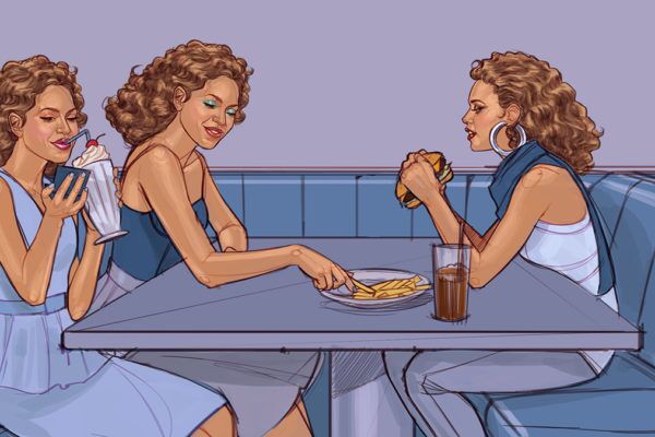 Girls in diner, Illustrated by ASB Storyboard Artist, Alecia, Style: Color Storyboard Frames, 2D Art for Animatic or Storyboard frames