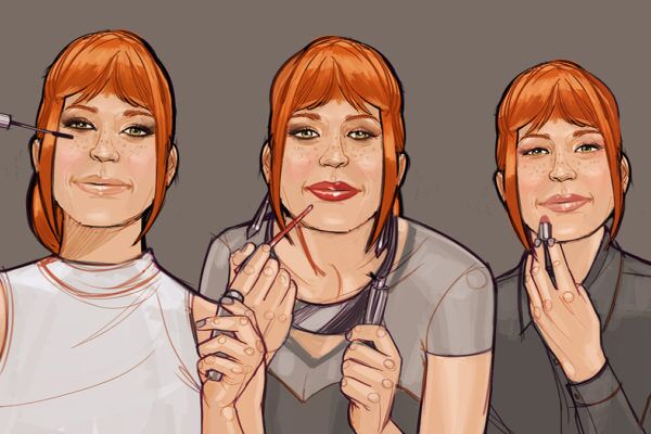 Applying makeup, Illustrated by ASB Storyboard Artist, Alecia, Style: Color Storyboard Frames, 2D Art for Animatic or Storyboard frames