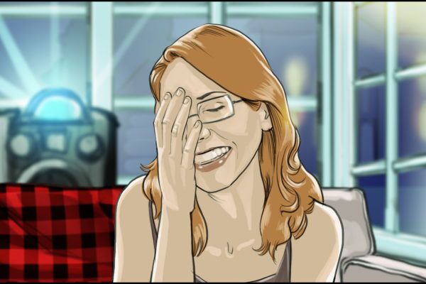 Lady in glasses laughing, Illustrated by ASB Storyboard Artist, Ryan, Style: Color Frames, 2D Art for Animatic or Storyboard frames