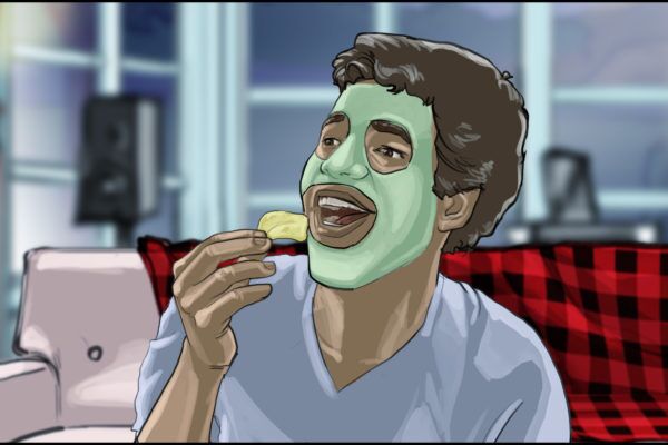Facial and eating chips, Illustrated by ASB Storyboard Artist, Ryan, Style: Color Frames, 2D Art for Animatic or Storyboard frames