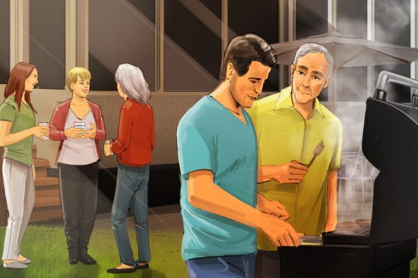Barbecuing outdoors, Illustrated by ASB Storyboard Artist, Alex H., Style: Color storyboard frame, 2D Art for Animatic or Storyboard frames
