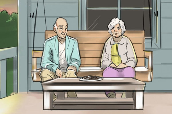 Grandparent sitting on the porch, Illustrated by ASB Storyboard Artist, Brad, Style: Color storyboard frames, 2D Art for Animatic or Storyboard frames
