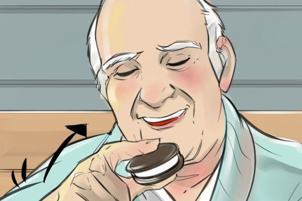 Grandpa eating an oreo cookie, Illustrated by ASB Storyboard Artist, Brad, Style: Color storyboard frames, 2D Art for Animatic or Storyboard frames