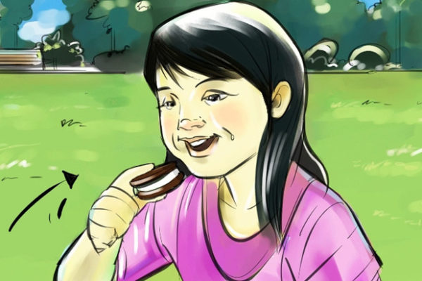 Girl eating an oreo cookie, Illustrated by ASB Storyboard Artist, Brad, Style: Color storyboard frames, 2D Art for Animatic or Storyboard frames
