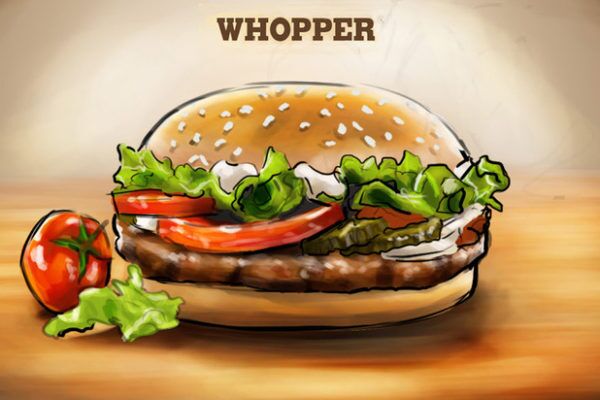 Burger King burger product demo, Illustrated by ASB Storyboard Artist, Bryan, Style: Color storyboard frame, 2D Art for Animatic or Storyboard frames