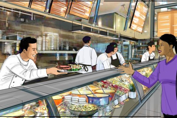A color illustration of a woman ordering from a man at a deli.