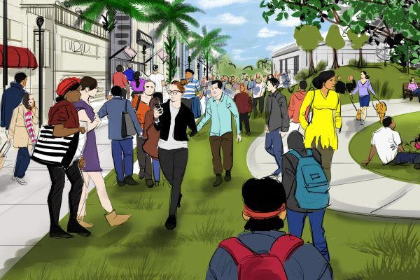 A color illustration of people walking around a busy park.