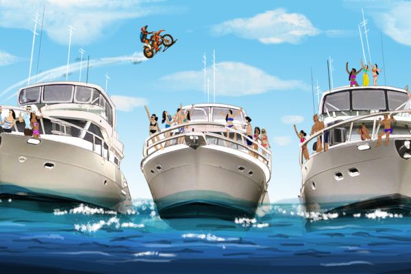 A color illustration of a motorcyclist jumping three yachts.