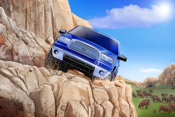 Blue truck on the mountain, Illustrated by ASB Storyboard Artist, Alex H., Style: Color storyboard frame, 2D Art for Animatic or Storyboard frames