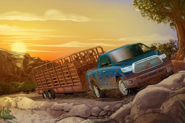 Truck offroad, Illustrated by ASB Storyboard Artist, Alex H., Style: Color storyboard frame, 2D Art for Animatic or Storyboard frames