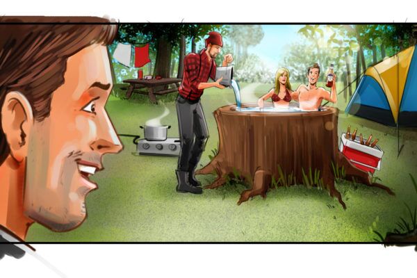 Jacuzzi in the forest, Illustrated by ASB Storyboard Artist, Alex H., Style: Color storyboard frame, 2D Art for Animatic or Storyboard frames