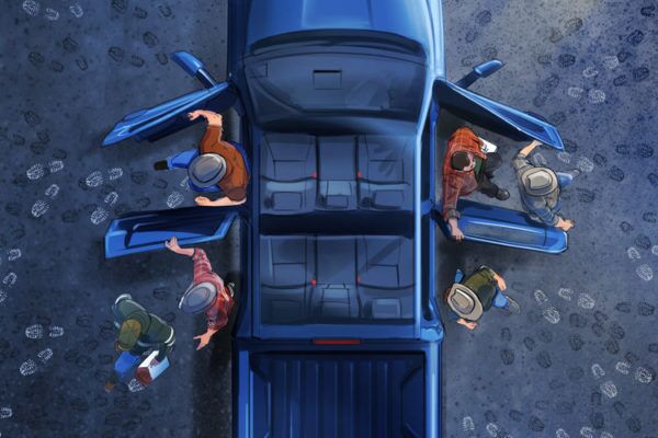 Getting out of blue truck, Illustrated by ASB Storyboard Artist, Alex H., Style: Color storyboard frame, 2D Art for Animatic or Storyboard frames