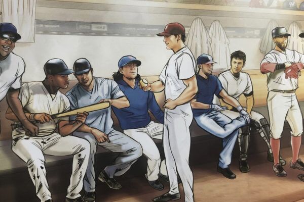 Baseball players lounging, Illustrated by ASB Storyboard Artist, Chris M., Style: Color Storyboard Frames, 2D Art for Animatic or Storyboard frames