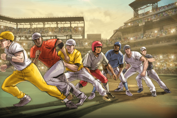 Baseball players in action on the field, Illustrated by ASB Storyboard Artist, Chris M., Style: Color Storyboard Frames, 2D Art for Animatic or Storyboard frames