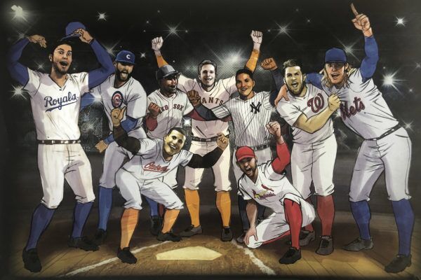 Members of different baseball teams cheering, Illustrated by ASB Storyboard Artist, Chris M., Style: Color Storyboard Frames, 2D Art for Animatic or Storyboard frames