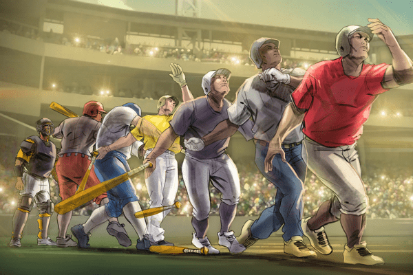 Baseball players lined up in action, Illustrated by ASB Storyboard Artist, Chris M., Style: Color Storyboard Frames, 2D Art for Animatic or Storyboard frames