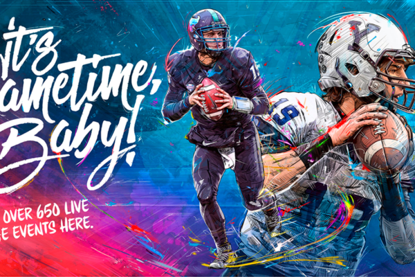 It's Gametime Baby poster with football platers, Illustrated by ASB Storyboard Artist, Chris M., Style: Color Storyboard Frames, 2D Art for Animatic or Storyboard frames