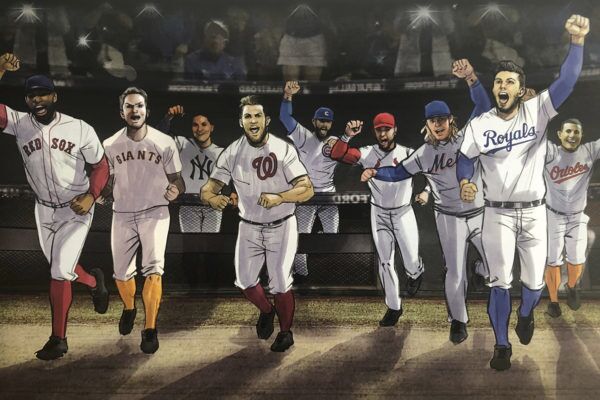 Baseball team members running into the field, Illustrated by ASB Storyboard Artist, Chris M., Style: Color Storyboard Frames, 2D Art for Animatic or Storyboard frames
