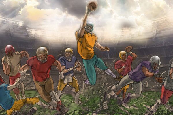 Football players from different teams in action, Illustrated by ASB Storyboard Artist, Chris M., Style: Color Storyboard Frames, 2D Art for Animatic or Storyboard frames