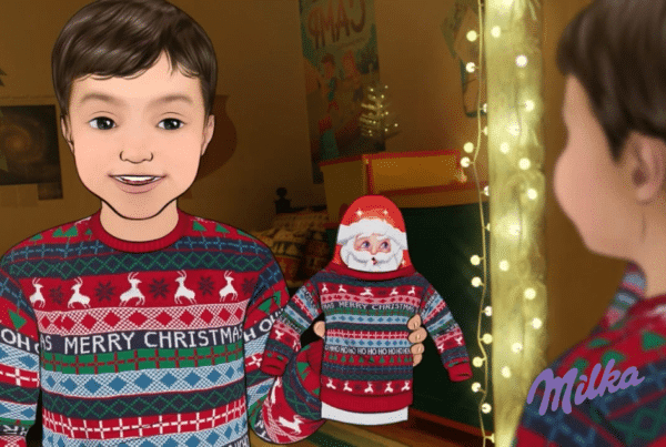 Animatic Example, 3D Hybrid Cinematic frame from Milka's animatic campaign. Boy with Santa chocolate and matching sweaters, christmas lights