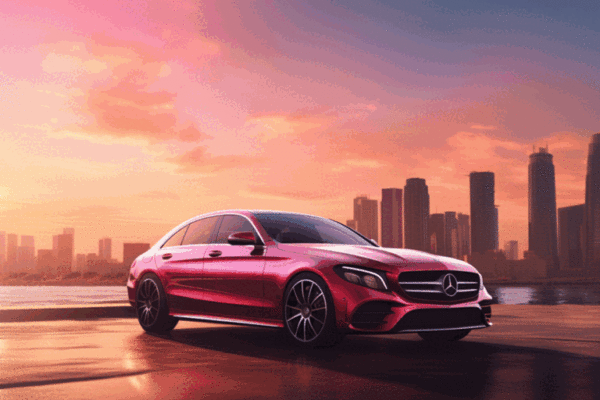 An AI-generated image of a Mercedes-Benz parked with a city skyline behind it.